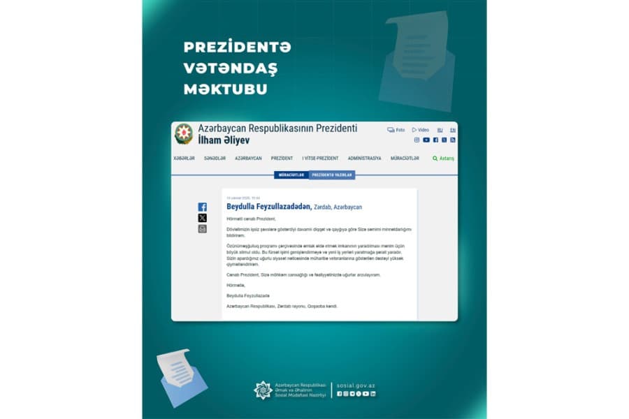 Zərdab sakini Prezident İlham Əliyevə təşəkkür məktubu ünvanlayıb