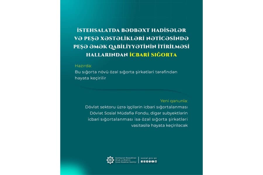 Dövlət sektoru üzrə istehsalat qəzaları ilə bağlı sığorta ödənişini DSMF edəcək