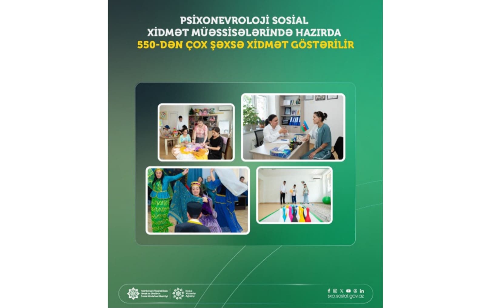 Psixonevroloji sosial xidmət müəssisələrində hazırda 550-dən çox şəxsə xidmət göstərilir
