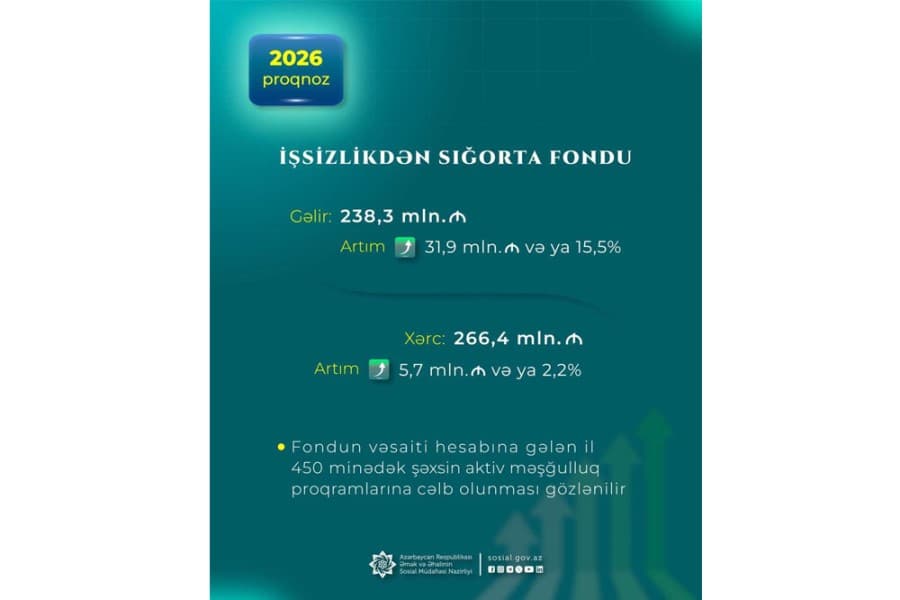İşsizlikdən sığorta fondunun xərcləri gələn il 5,7 milyon manat artaraq 266,4 milyon manata çatacaq