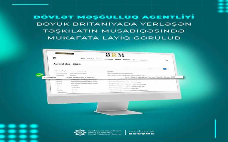 Dövlət Məşğulluq Agentliyi Böyük Britaniyada yerləşən təşkilatın müsabiqəsində mükafata layiq görülüb