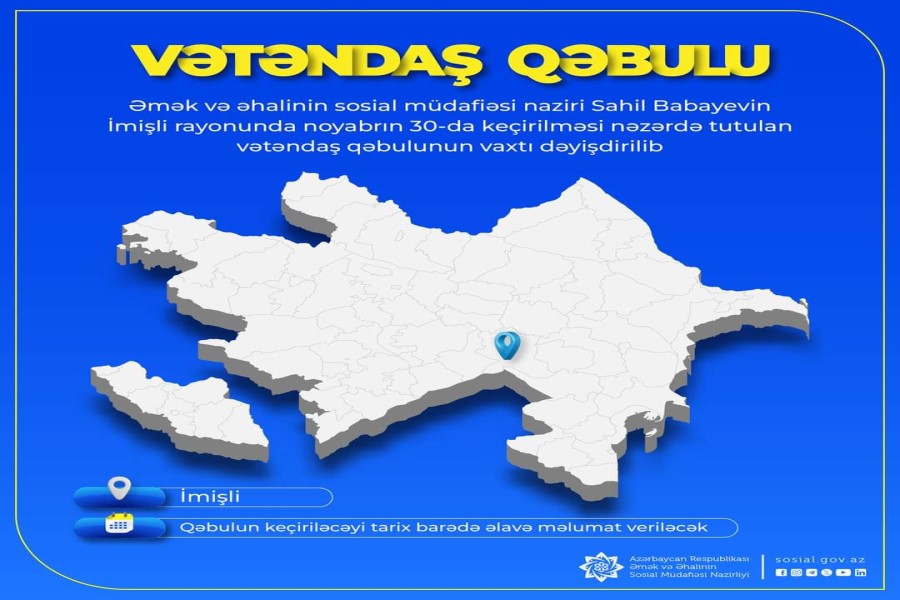 Nazir Sahil Babayevin İmişli rayonunda keçirəcəyi vətəndaş qəbulunun vaxtı dəyişdirilib