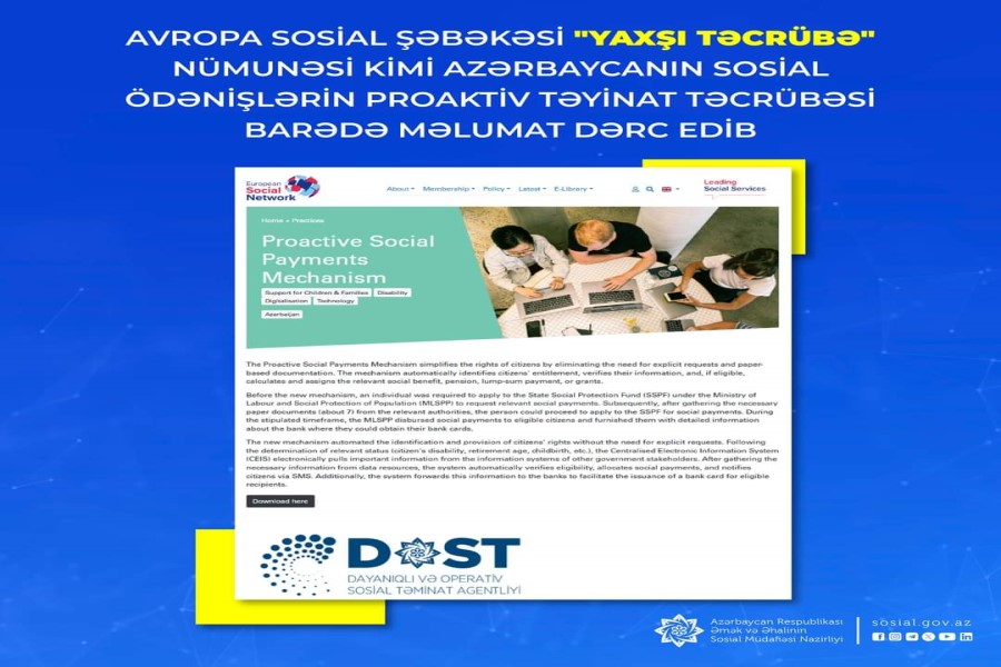 Avropa Sosial Şəbəkəsi "Yaxşı təcrübə" nümunəsi kimi Azərbaycanın sosial ödənişlərin proaktiv təyinat təcrübəsi barədə məlumat dərc edib