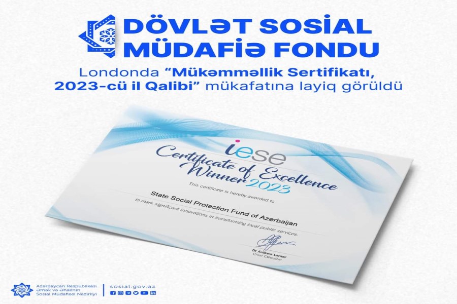 Dövlət Sosial Müdafiə Fondu Londonda “Mükəmməllik Sertifikatı, 2023-cü il Qalibi” mükafatına layiq görüldü