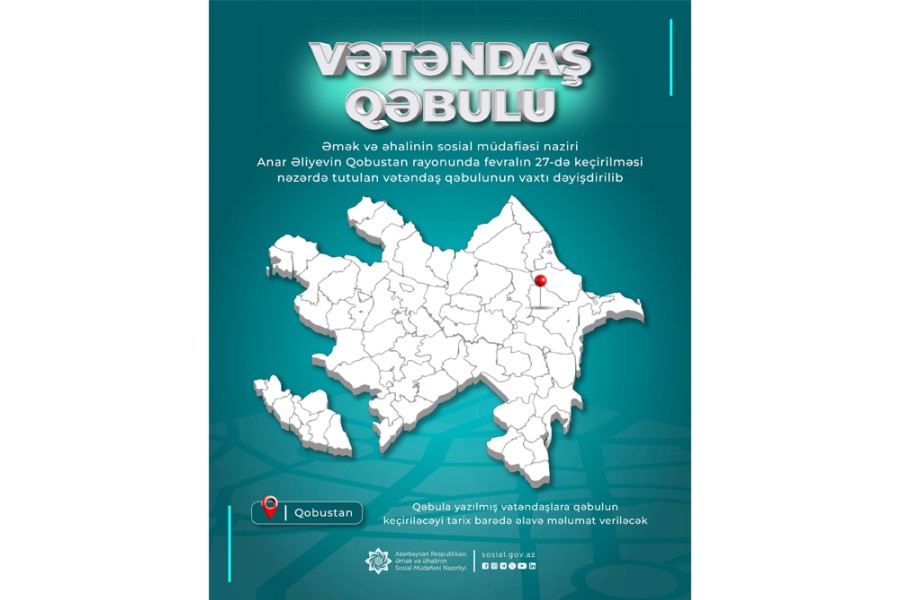 Nazir Anar Əliyevin Qobustan rayonunda keçirəcəyi vətəndaş qəbulunun vaxtı dəyişdirilib